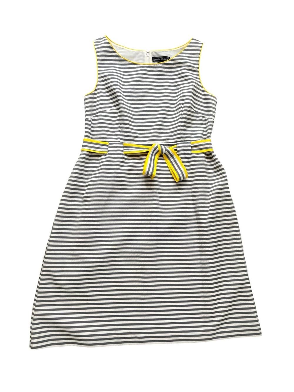 Jessica Howard Dress Size 14 Gray Striped Fit & Flare Lined Bow Detail - Picture 2 of 6